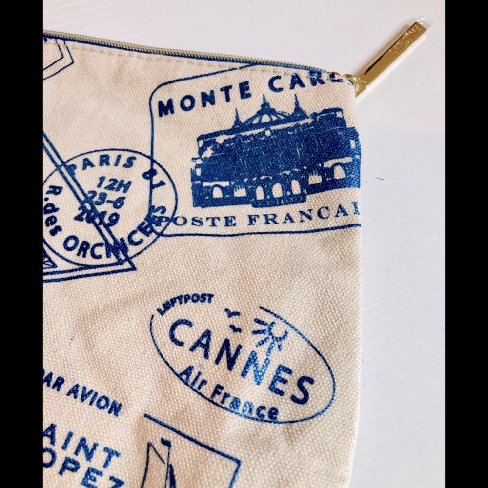 Lancome France Metallic citi logo linen zip cosmetic bag